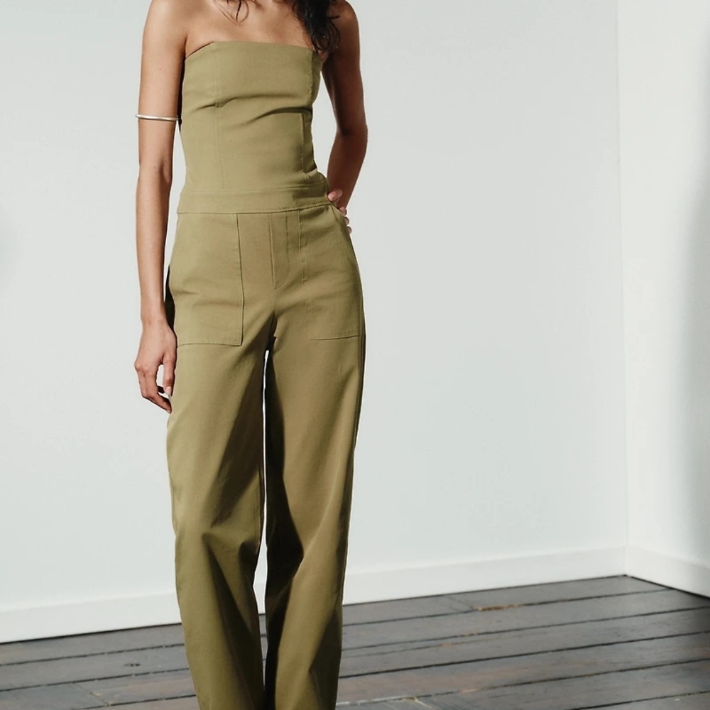 Zara Olive Strapless Wide-Leg Jumpsuit